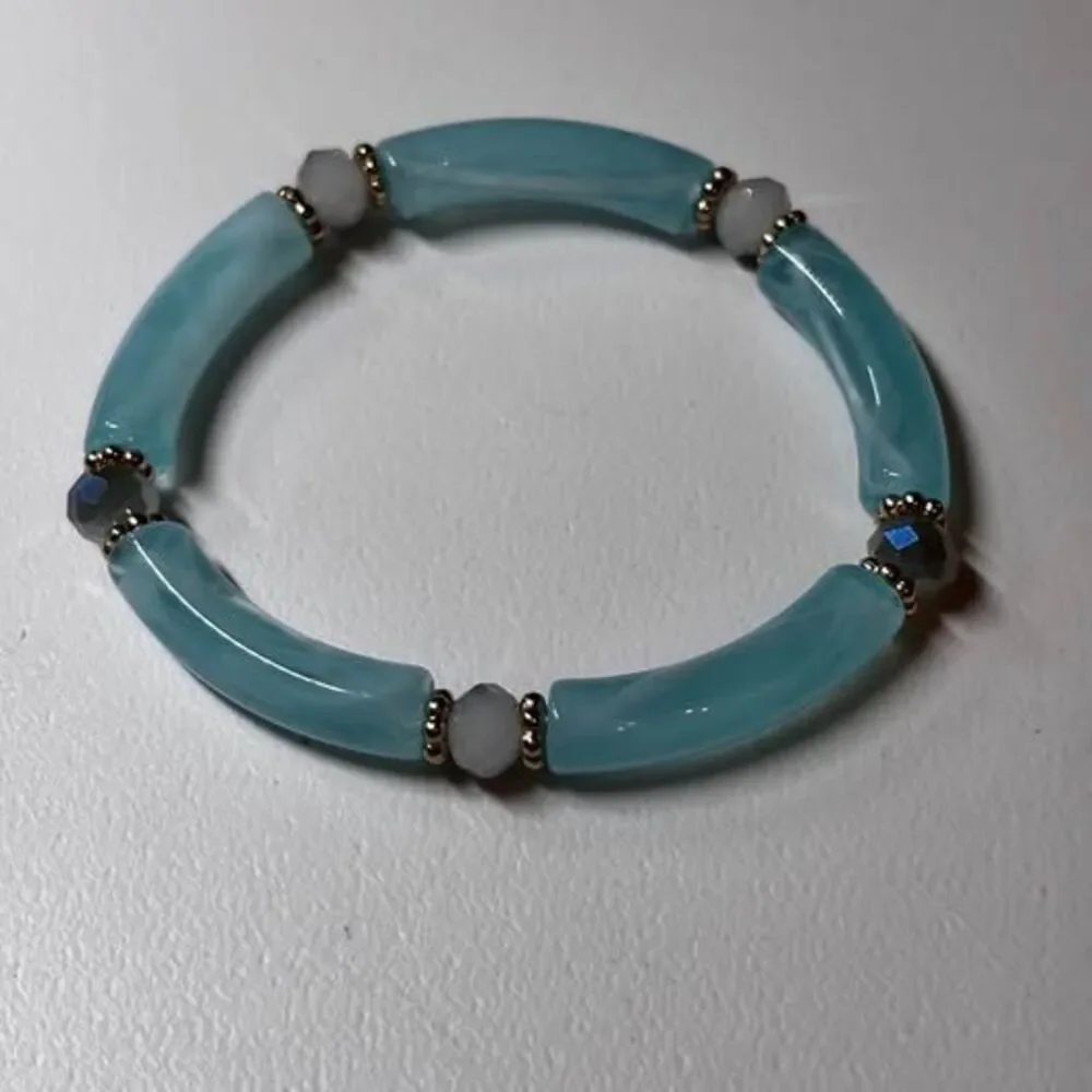 Chunky Blue Acrylic Bamboo Tube Stretch Bracelet Stack with Pearl & Gold Accents
